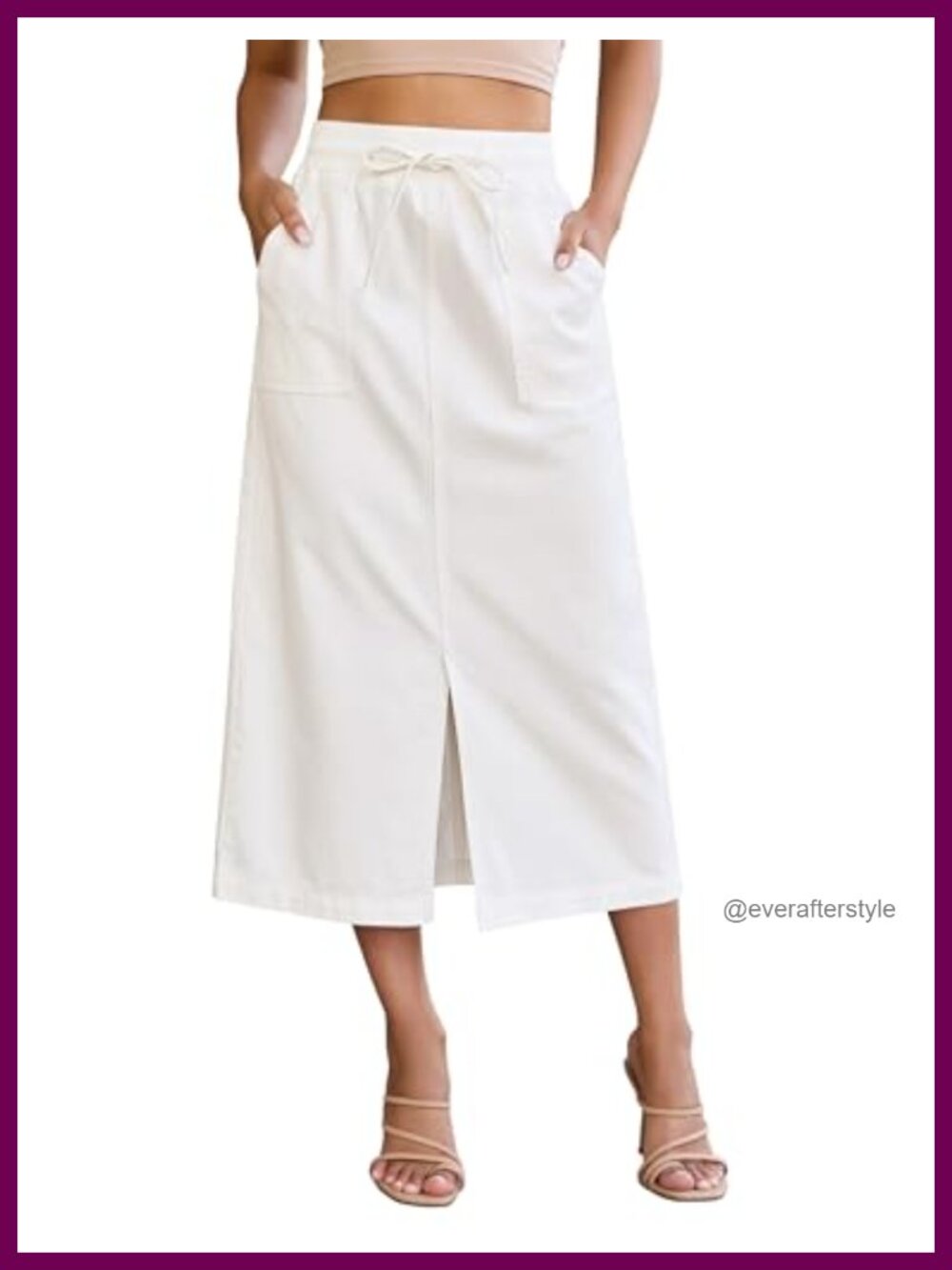 High Waisted Midi Denim Skirt Drawstring Elastic Waist Front Slit Pockets